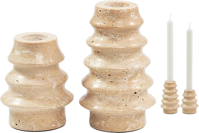 Travertine Marble Candlestick Holders - Set of 2 Stone Candle Sticks Holder Tree Decor, Decorative Modern Candle Stands for Taper Candles