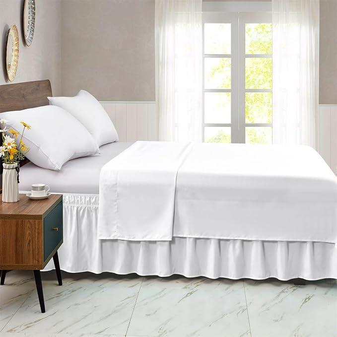 FreshCulture Queen Bed Skirt, Elastic Wrap Around Bed Skirt Queen Size, Bed Skirts for Adjustable Bed, Easy Fit with 15-Inch Tailored Drop, Hotel Quality Dust Ruffle for Queen Bed (White)