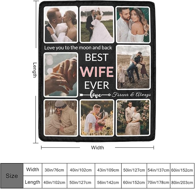 Gifts for Wife Custom Blanket with Photo, Make a Personalized to My Wife Blankets with Picture Customized Memories Souvenir Throws for Best Wife Ever, 8 Collage Made in USA