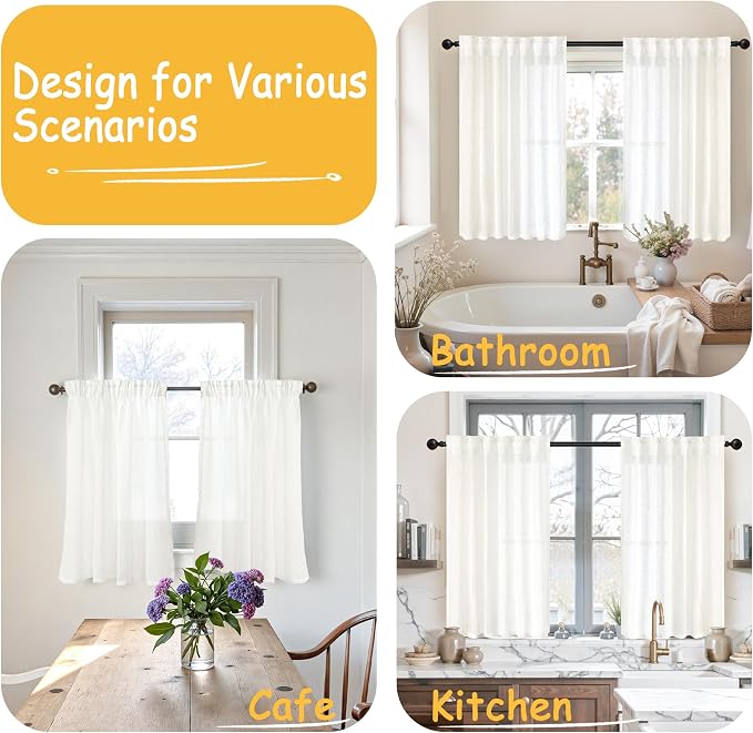 YoungsTex Linen Semi Sheer Curtains 40 Inch Length for Kitchen Window, Short White Light Filtering Drapes Textured with Rod Pocket Back Tab for Cafe Window Over Sink, 2 Panels, 34 X 40 Inch