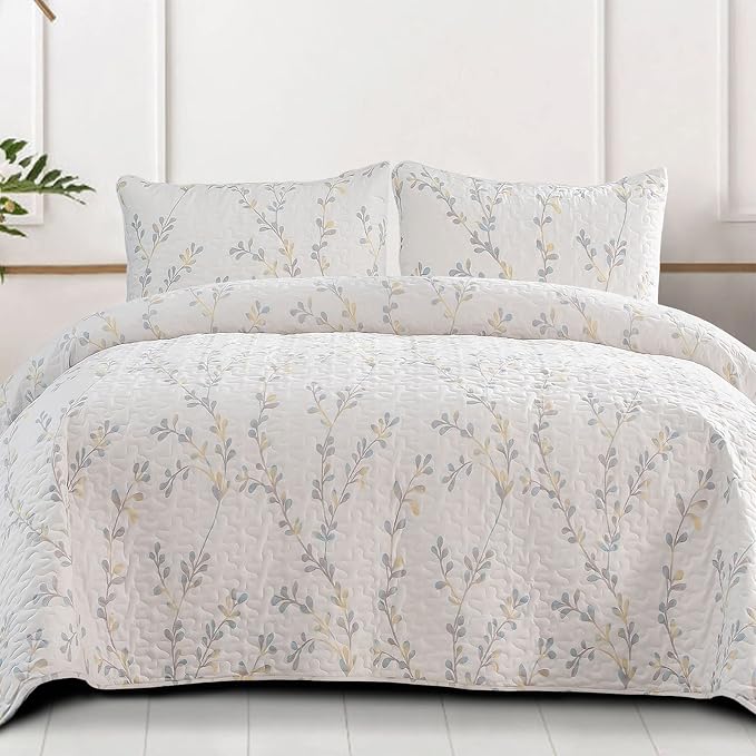 Exclusivo Mezcla Reversible Boho Quilt King Size White | Lightweight Soft Bedspreads, All Season Flowers Coverlet Bedding Set, Printed Floral Pattern, 1 Quilt and 2 Pillow Shams