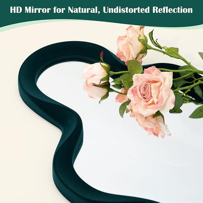 Large Decorative Wall Mirror for Bedroom Dresser Decor,Dark Green | 13.8x29.7",Soft Flocking Touch,Abstract Wavy Wall Mirrors for Home Book Coffee Shop Hotel Decoration,Unique Gift