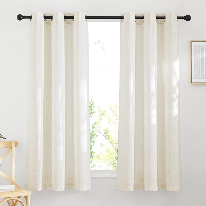 NICETOWN Linen Burlap Bedroom Curtains 63 inches Long, Grommet Semi Sheer Flax Linen Weve Drapes Privacy with Light Filtering Window Treatmentes for Kids Room, W42 x L63, Set of 2