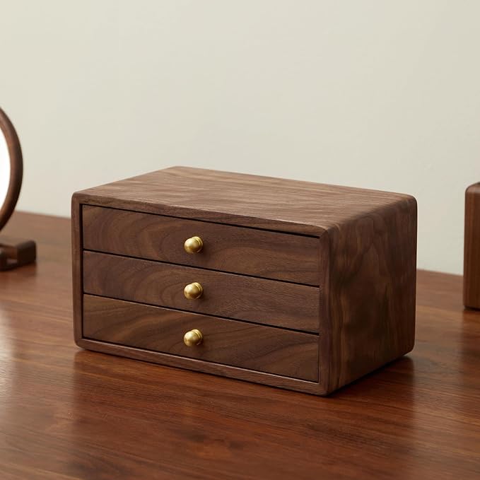 Wooden Jewelry Box, Large, Black Walnut Wood | For Women & Men, Velvet Lined Organizer, 3 Drawers, Brass Handles, Earring Ring Necklace Storage