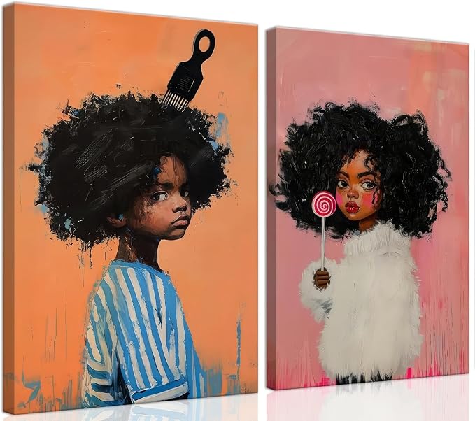 ouiytws Black Girl Wall Art Set of 2, Afro Canvas Prints for Kids Room | Framed 12x16 inch diptych wall art for kids bedroom, cute boho modern painting, ideal boys and girl room decor