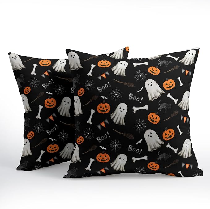 Halloween Throw Pillow Covers 18X18 Inch Set of 2 Boo Cute Ghost Orange Pumpkins Bat Web Decorative Black Pillow Cases Holiday Cotton Linen Cushion Cover for Home Sofa Porch Outdoor Decor
