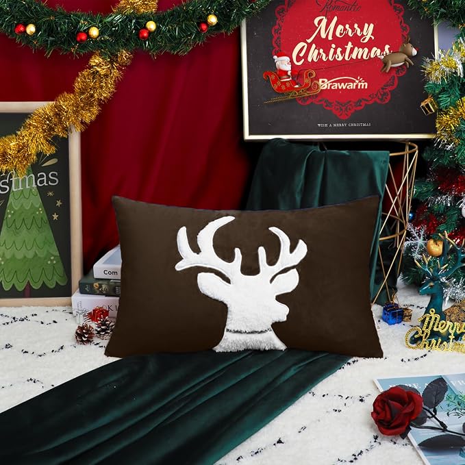 BRAWARM Christmas Pillow Cover 12 X 20 Inches, Coffee Reindeer Embroidered Lumbar Pillow Cover, Soft Velvet Decorative Throw Pillow for Couch Bed Sofa Living Room Home
