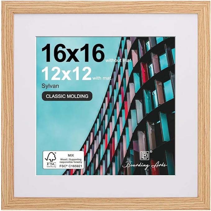 16x16 Picture Frame-Natural,12x12 Mat,Engineered Wood,Polished Plexiglass