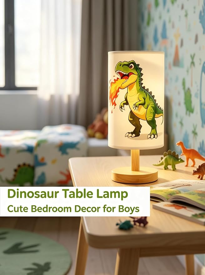 Dinosaur Lamp Kids Lamps for Bedrooms Boys, 3 ColorsNightstand Light Lamp, Round Wood Base Flaxen Fabric Desk Lamp for Kids Room, Dino Lamp Gift for Boy (LED Bulb Included) (Dinosaur)