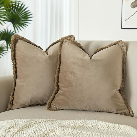 JUSPURBET Stone Velvet Throw Pillow Covers 26x26 Inch Set of 2 with Soft Tassel Fringe Luxury Boho Pillowcase for Sofa Couch Bed Home Decor Machine Washable