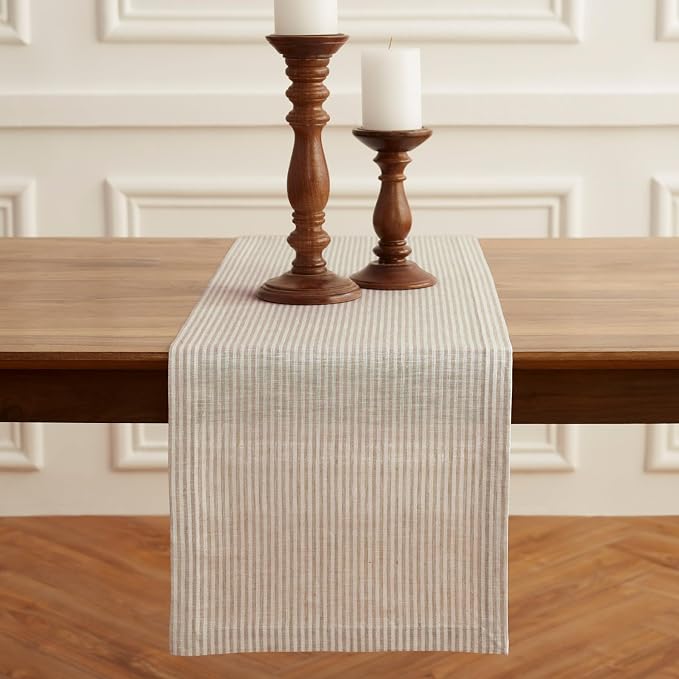 Solino Home 100% Linen Table Runner, 14 x 72 in, Natural and White Striped | Narrow Stripe, brings a tailored look to family meals and hosting, woven stripe, European flax fibres, OEKO-TEX Certified