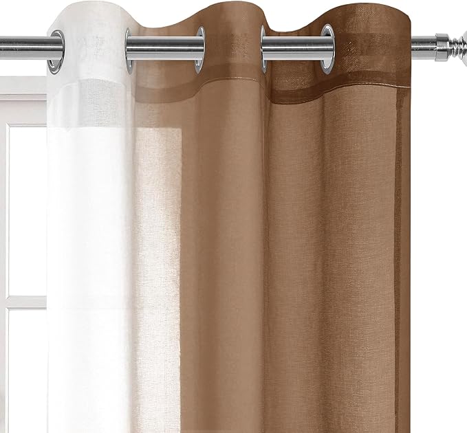 DWCN Ombre Short Sheer Curtains - 63 inches Faux Linen Semi Voile Gradient Light-Filtering Bedroom and Living Room Curtains, Set of 2 Grommet Top Window Drape Panels, 42 x 63 Inch Length, Warm Brown