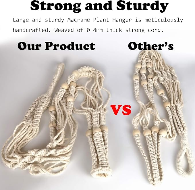 Bouqlife 43 Inches Macrame Plant Hanger Large for 14 inch Pot Extra Long No Tassel Cotton Rope Hanging Plant Holder with Ceiling Hooks Bohemian Home Décor Beige 2Pack