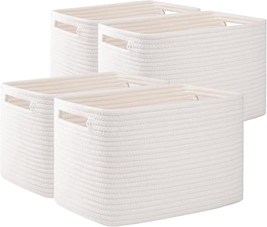 OIAHOMY 4 Pack Storage Baskets for Organizing 24L Cube Storage Bins White | Woven Baskets for Storage Rectangle Small Baskets With Handles Baskets for Shelves Wicker Baskets for Shelves 16x12x8inch