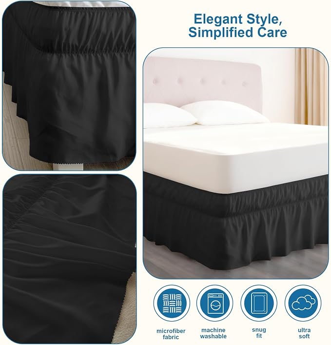 Queen Bed Skirt with Elastic Strap, Ruffle Bed Skirting Queen Size 16" Drop | Wrap Around Skirts Easy to Install on Bed Base & Frame, Wrinkle-free, Machine Washable, Scalloped Edge, Black