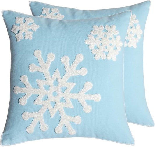 18x18,Cotton Christmas Blessing Throw Pillow Cover for Bed Sofa Cushion Car Snowflake Embroideried Pillowcases,1pair Blue