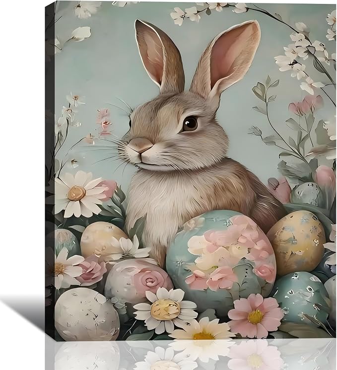 RIBNTAK Vintage Easter Bunny Eggs Wall Art, Colorful Rabbit Canvas Prints Wall Decor for Bedroom, Living Room,Bathroom, Bar, Office Classic, Rabbit Pictures Artwork & Farmhouse Easter Decor