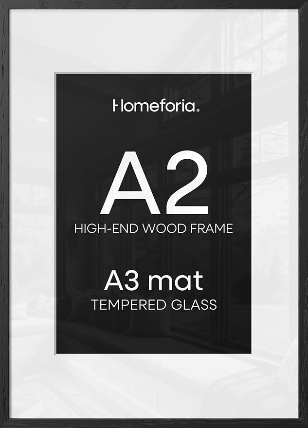 Homeforia A2 Black Oak Picture Frame, High-End Wood, A3 Mat, Glass
