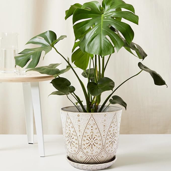 Gepege 8 Inch White Ceramic Plant Pot with Drainage & Saucer | Large ceramic plant pot with drainage hole, ceramic saucer and mesh pad, ideal for indoor plants, flowers and houseplants