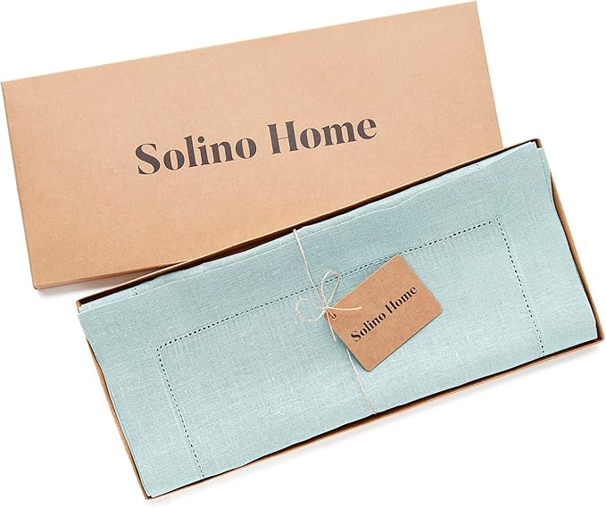 Solino Home 100% Pure Linen Table Runner Aqua Blue Hemstitch, 14 x 72 in | Classic Hemstitch, dresses up dining tables for everyday meals, hemstitched border, mitered corners, soft, OEKO-TEX Certified