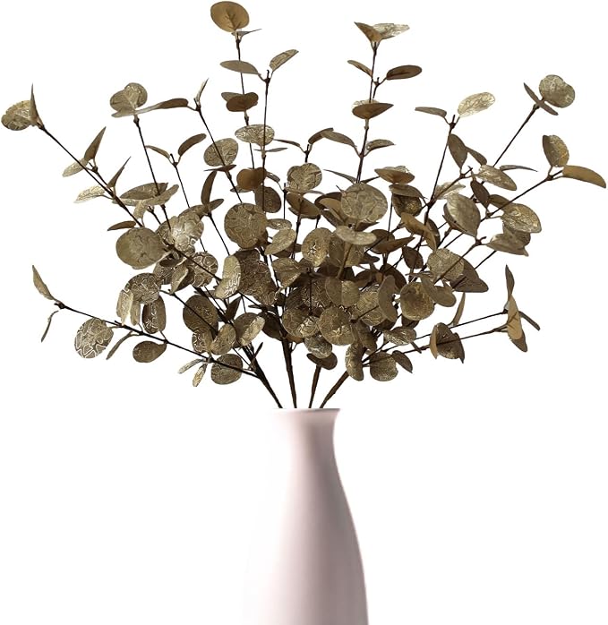4PCS 24" Champagne Metallic Artificial Eucalyptus Stems – Real Touch Faux Eucalyptus for Vase Decoration, Living Room, Christmas & Holiday Home Decor