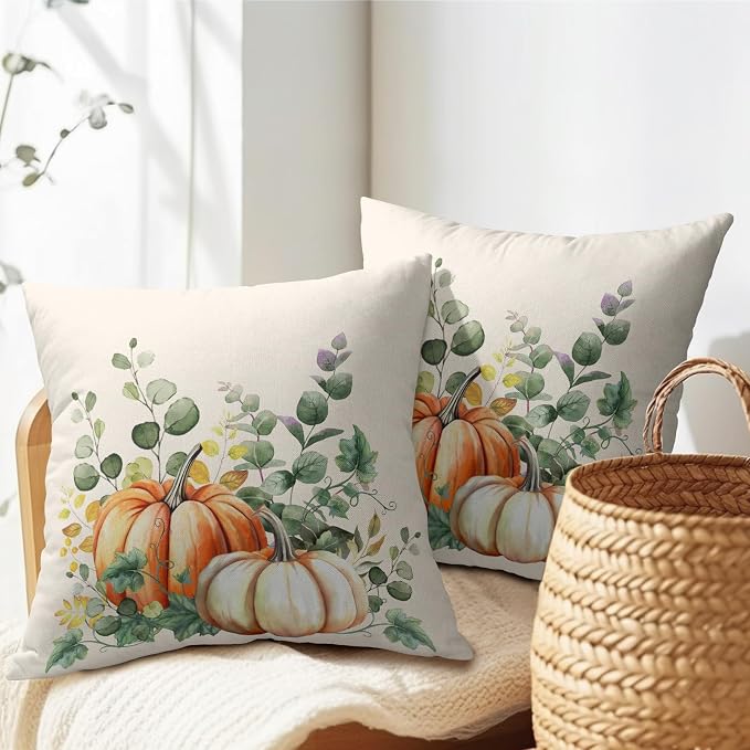 Fall Throw Pillow Cover 20x20 Inch Pack of 2 Autumn Watercolor Pumpkin Sage Green Leaf Outdoor Pillow Protector Thanksgiving Sofa Cotton Linen Square Pillow Set Farmhouse Pillowcases for Home Bed