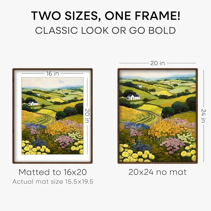 Homeforia 20x24 Mortise&Tenon Walnut Picture Frame, 16x20 Mat, Glass