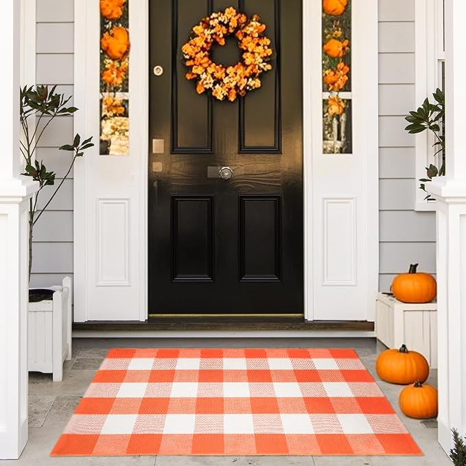 Fall Buffalo Plaid Rug 27.5x43 in, Orange White Indoor Outdoor Rug | Cotton Blend, Orange and White Checkered, Machine Washable, Layering Rug, Porch Entryway Decor
