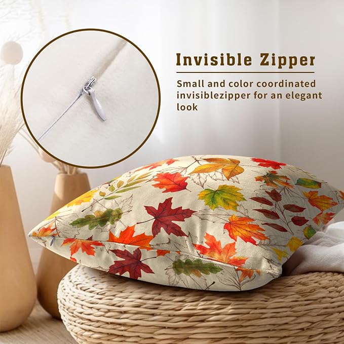 Autumn Leaves Throw Pillow Covers 18x18 inch Set of 2 Fall Maple Leaf Wild Plant Pillow Cases Thanksgiving Seasonal Farmhouse Outdoor Decor Cushion Cover for Home Porch Sofa