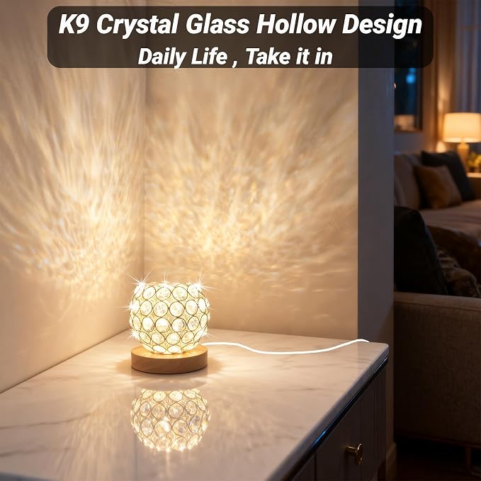Crystal Mood Table Lamp, Voice Control K9 Glass Sphere Light, Wood Base