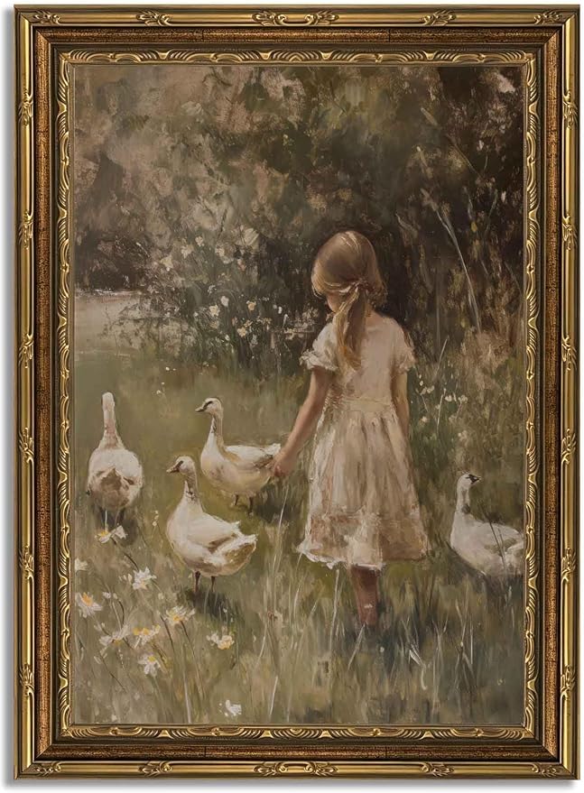 Vintage Gold Framed Canvas Wall Art Rural Goose Girl Painting Picture Cottagecore Print Poster Country Farmhouse Nature Wall Decor for Bedroom Bathroom Living Room Decoration 9x11in