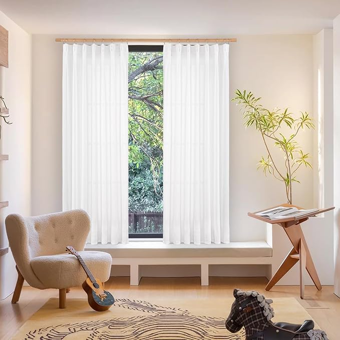 YoungsTex White Linen Curtains 84 Inches Long for Living Room - Light Filtering Drapes with Back Tab Semi Sheer Window Treatments for Bedroom, 2 Panels 40 X 84 Inch