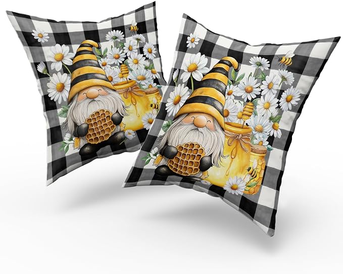 Giwawa 2PCs Bee Gnomes Pillow Covers 20"x20" Spring Daisy Summer Honey Elf Square Pillowcases Black White Buffalo Plaids Cotton Throw Cushion Covers for Sofa Couch Patio Porch Decor