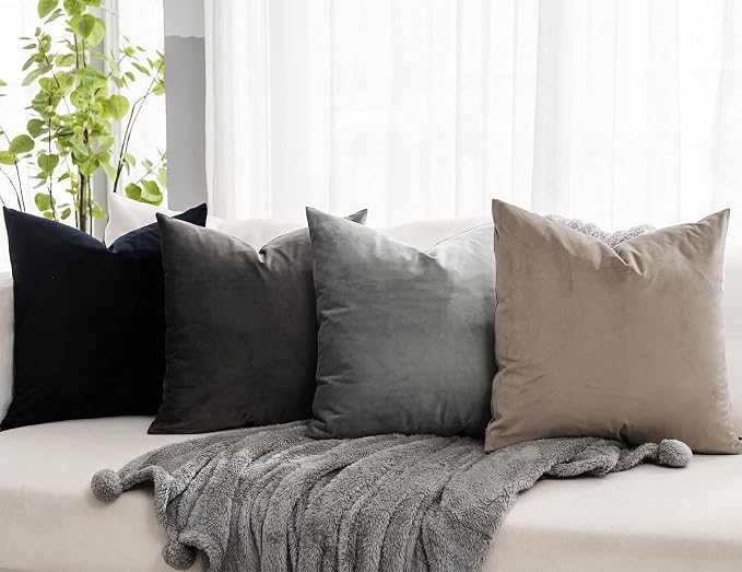 Ash Soft Velvet Throw Pillow Covers 16x16 inch Set of 2 for Sofa Couch Bed Living Room Decorative Luxury Solid Square Cushion Covers Case with Zipper