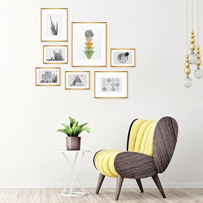 Golden State Art 7 Pack Bronze Aluminum Frame with White Mat, Real Glass | Includes One 11x14, Two 8x10, Four 5x7 Frames with Sawtooth Hangers for Wall Mounting. Great for gallery wall
