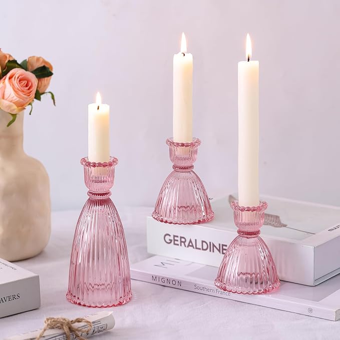 Pink Candle Holder Set of 6-4pcs 3.5"& 2pcs 6" Assorted Glass Pink Candlesticks Holder for Wedding Decor, Ribbed Taper Candle Holders Bulk for Bridal Shower, Home Table Centerpieces