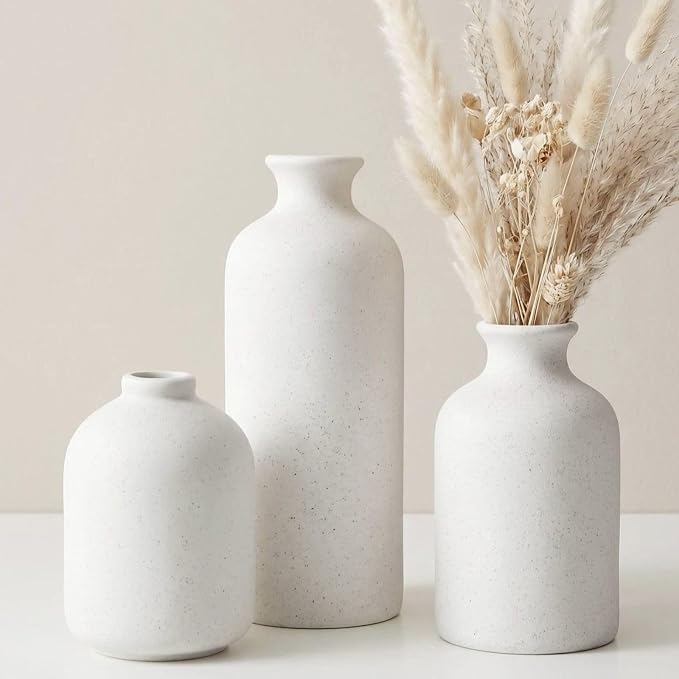Small White Ceramic Vase Set of 3,Modern Boho Farmhouse Flowers Vases | Decorative Vase for Dried Flowers,Pampas Grass,Home Decor,Shelf,Bathroom,Centerpiece for Entryway Table Distressed