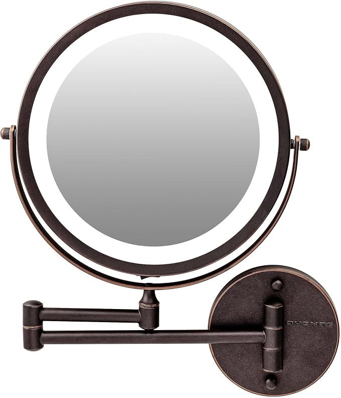 OVENTE 9" Wall Mounted Lighted Makeup Mirror, Antique Bronze MFW85ABZ1X7X | Cordless Double Sided 1X/7X Magnifying Mirror for Bathroom with LED Lights, 360° Rotation, Extendable Arm, Battery Operated