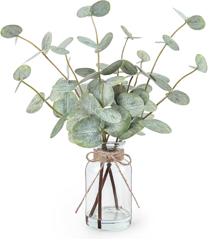 Bessol Artificial Eucalyptus Stems in Glass Vase with Faux Water, 13.5" Fake Plants for Home Decor, Coffee Table Centerpieces, Office, Bathroom & Farmhouse Weddings - Faux Greenery Plants Decorations
