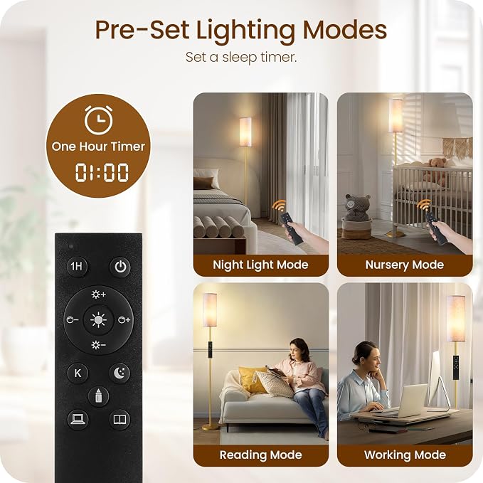 Dimmable Floor Lamps for Living Room with Remote and Foot Switch, 64.4” Modern Standing Tall Lamp, Corner Lamp for Bedroom, Bulb Included, 3000K-6500K, White and Gold, FCC Listed DW06LD05W1