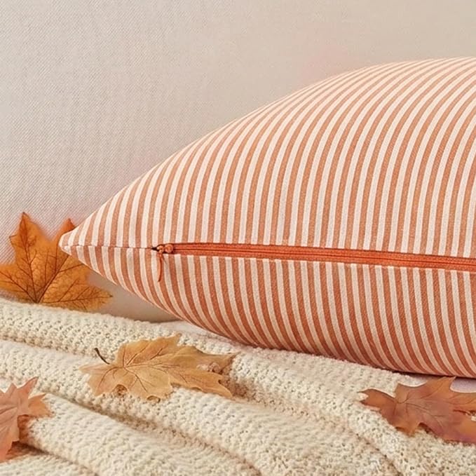 Burnt Orange Fall Striped Couch Pillow Covers 18x18, Autumn Pillow Covers | Set of 2, Thanksgiving Autumn Pillow Cover 18 x 18, Cojines De Otoño Para Sala, Aesthetic Fall Decor, Fall Sofa Couch Bed