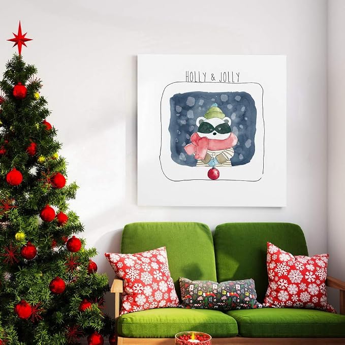 Renditions Gallery Abstract Animal Wall Art for Home Decor Holly & Jolly Christmas Raccoon Canvas Hanging Artwork for Dining Living Room Kitchen Decorations - 40"X40" LT05