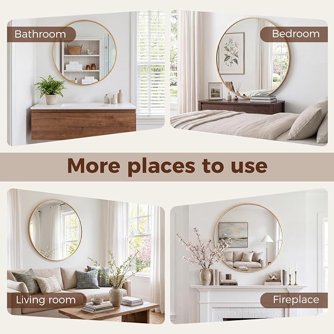 Sweetcrispy 30 Inch Round Wall Mirror, Bathroom Mirrors for Over Sink | Matte Metal Framed, Wall Decor for Bedroom, Entryway, Anti-Rust, Tempered Glass, Hanging or Leaning, Gold
