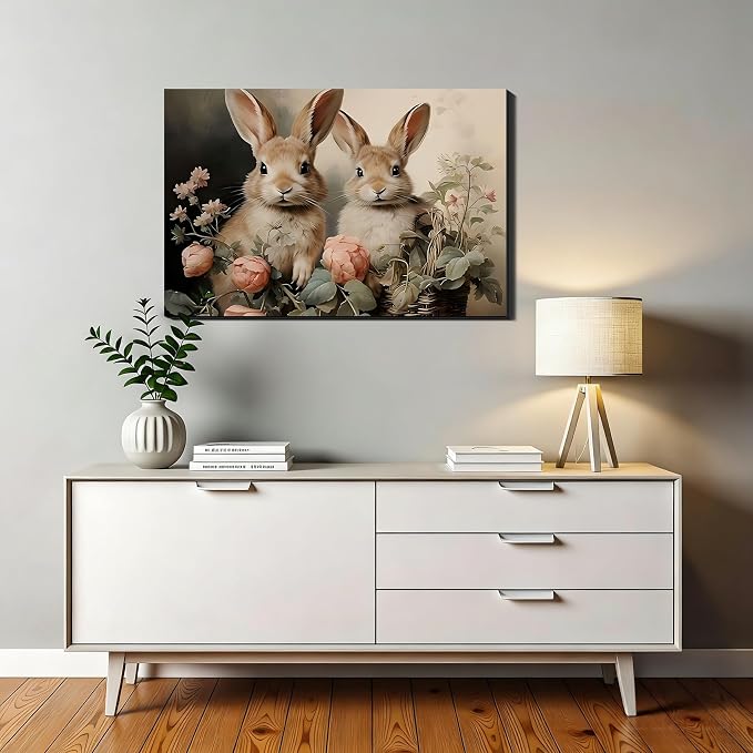 RIBNTAK Vintage Bunny & Floral Canvas Wall Art 12x18, Framed Cozy Spring Prints Pictures, Easter Rabbit Canvas Artwork for Bedroom, Living Room, Office, Cute Farmhouse Home Wall Decor