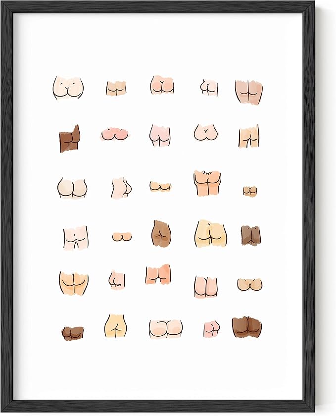 HAUS AND HUES Funny Bathroom Decor | Butts Collage Poster, Black Framed Wall Art, Guest Bathroom Humor Sign | 12"x16"