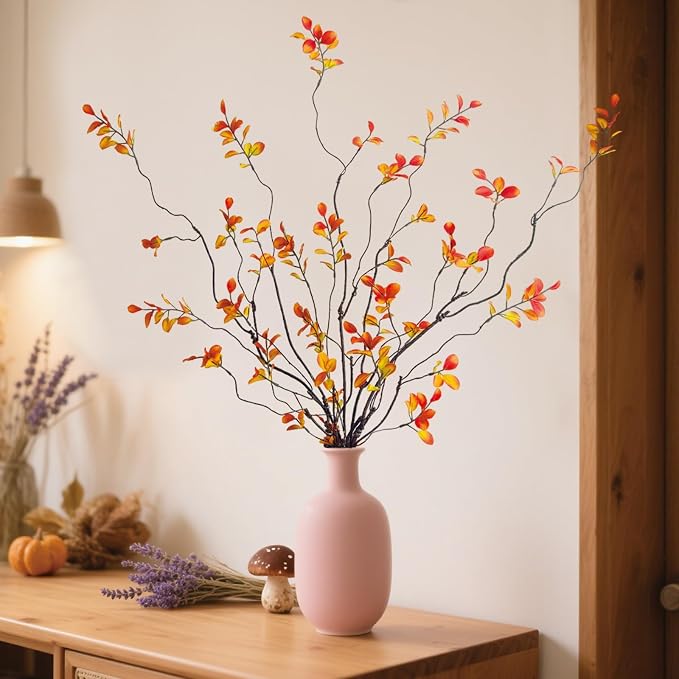 6 Pcs Fall Stems Artificial Ficus Branches, 47.2 Inch Faux Eucalyptus Stems Fall Decor, Fake Leaves Fall Decorations for Home, Autumn Table Decor Fall Branches for Vase Filler Centerpieces