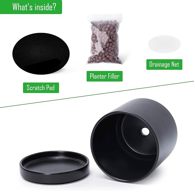 D'vine Dev 8.2 Inch Ceramic Planter Pot, Black, 94-O-D-2 | Modern Cylinder Design, Drainage Hole & Saucer Included, Stable Structure, Elegant Home Accent
