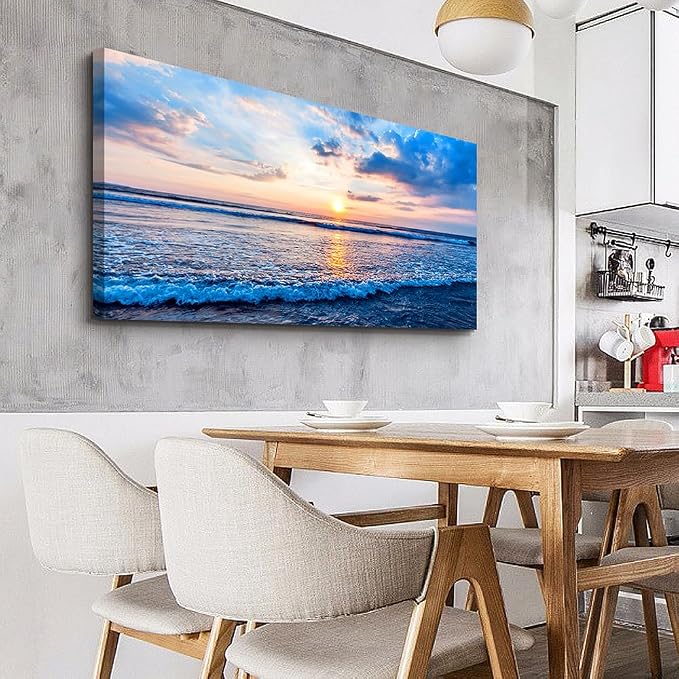 Wapluam Canvas Wall Art For Living Room Office Wall Decor Blue Beach Ocean Sea Waves Landscape Wall Painting Ready To Hang Bedroom Home Decorations Canvas Prints Posters Pictures Wall Mural Artwork