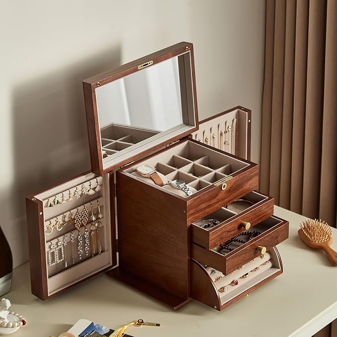 CHOSIN Black Walnut Wooden Jewelry Box for Women with Lock, Mirror, 4 Layer | Locking wity Key, 2 Drawers, Rotating Ring Holder, 2 Side Doors, Large Capacity for Necklaces, Earrings, Rings, Women Gifts
