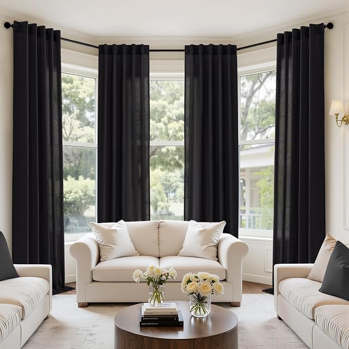 MIULEE Black Back Tab Linen Curtains 4 Panels 42W x 102L | Linen material, light filtering, rod pocket back tab hanging, farmhouse decor for living room bedroom